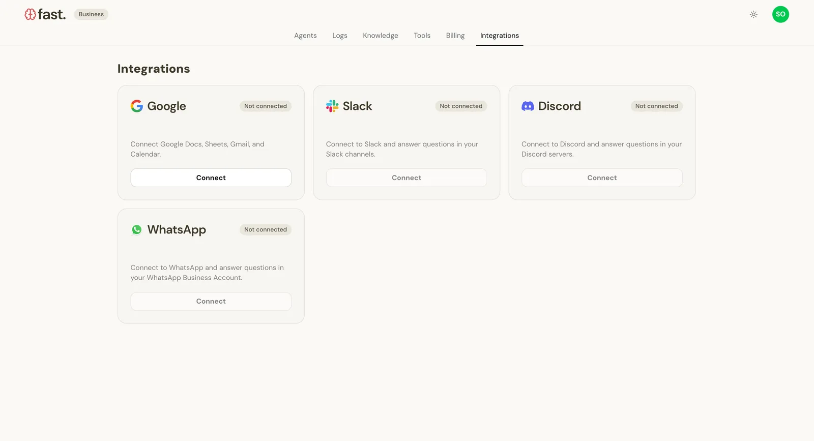 Google, Slack, Discord and WhatsApp integration cards