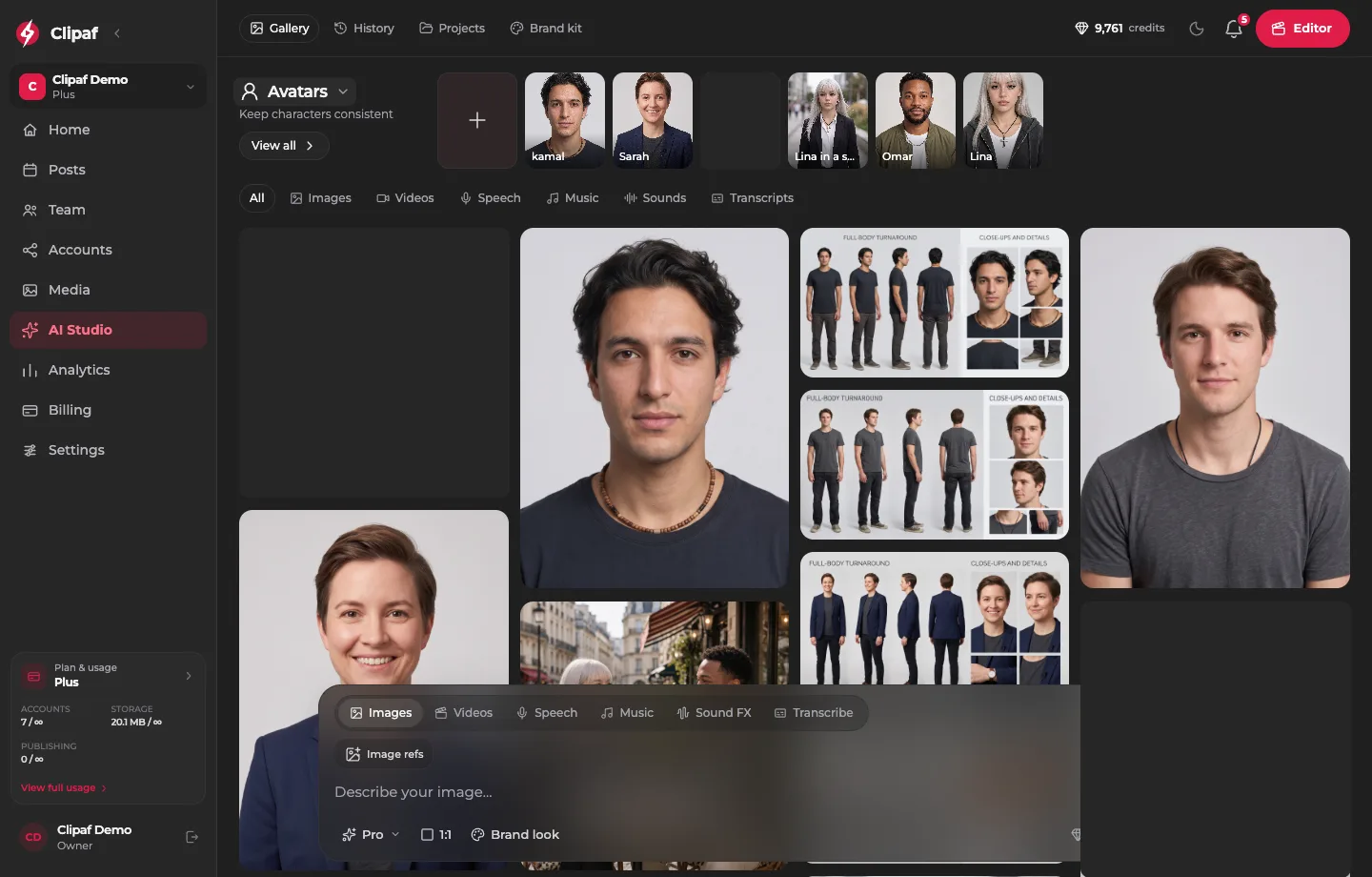 Clipaf AI Studio gallery with avatars and a floating composer